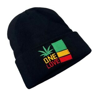 NEW Rasta One Love Knit Beanie‎ Hat Black Reggae Rastafarian Jamaica Embroidered